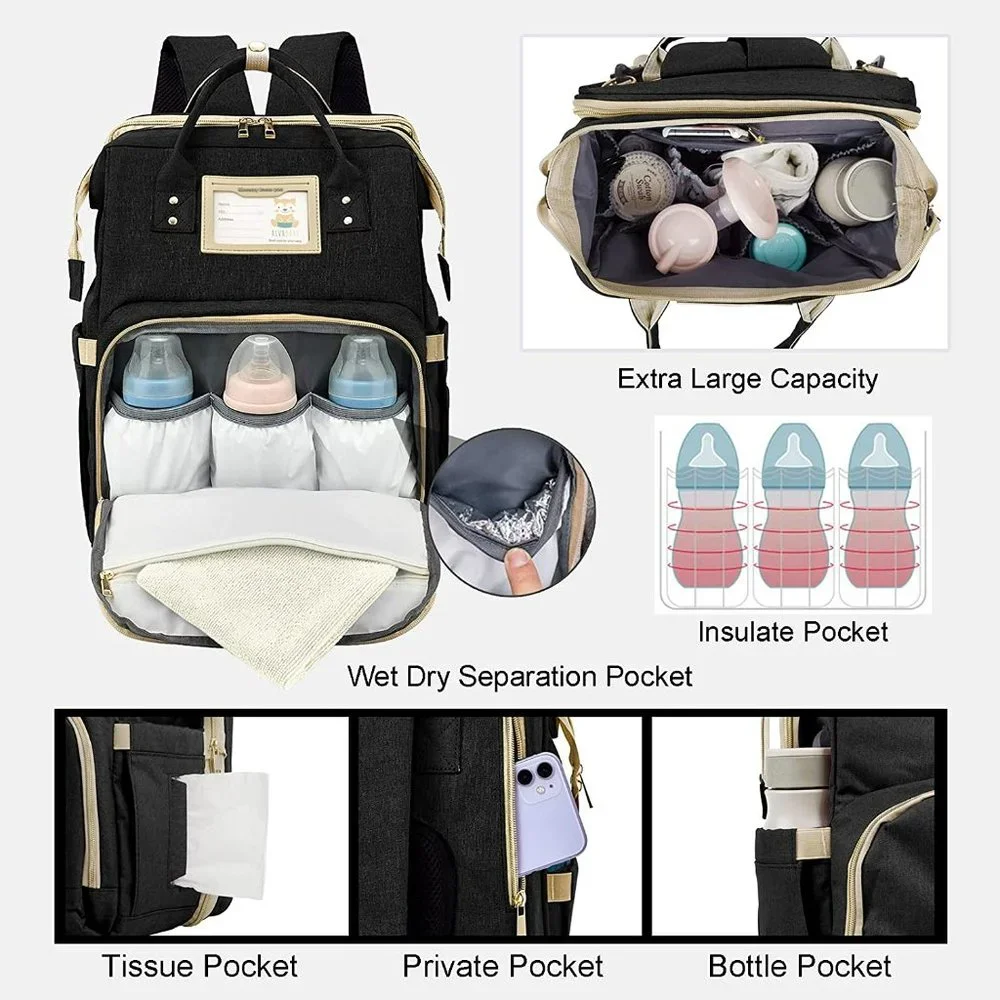 Diaper Bag Backpack 3 in 1 Foldable Changing Station Travel Baby Bag Bassinet